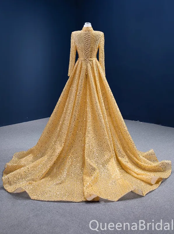 Gorgeous Yellow High Neck Long Sleeves A-line Lace up Back Party Dress Long Prom Dresses to Impress ,WGP1703