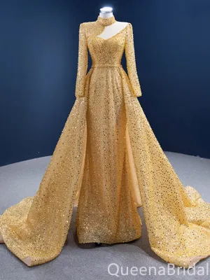 Gorgeous Yellow High Neck Long Sleeves A-line Lace up Back Party Dress Long Prom Dresses to Impress ,WGP1703