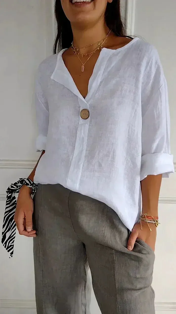 Ivyshape | Comfortable V Neck Top Made Of Cotton And Linen