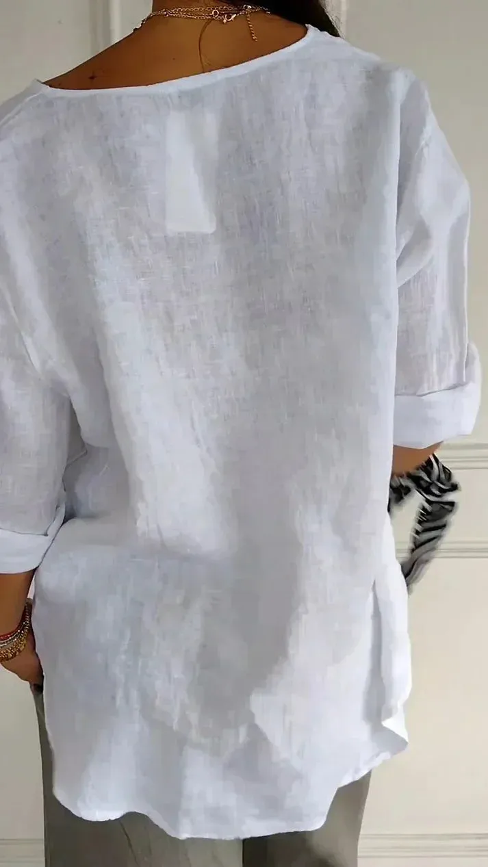 Ivyshape | Comfortable V Neck Top Made Of Cotton And Linen