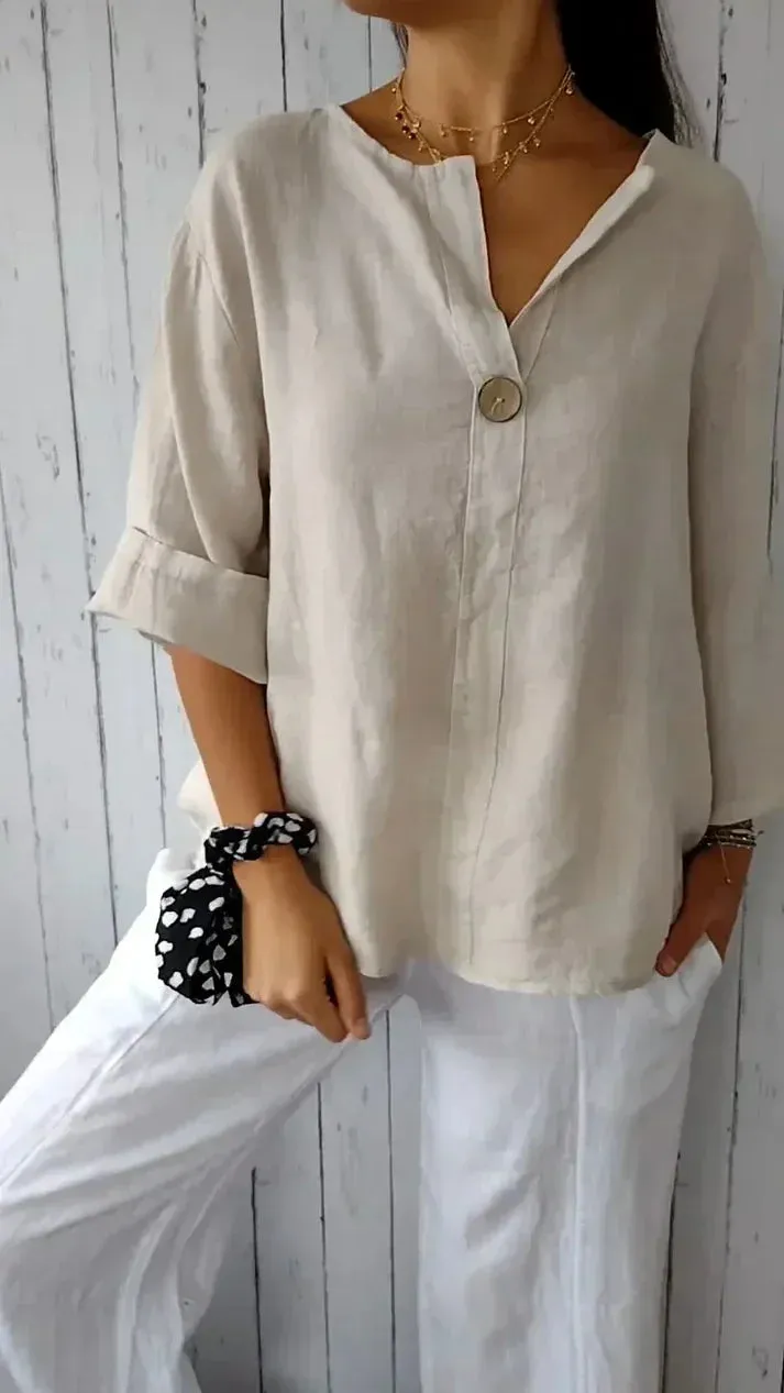 Ivyshape | Comfortable V Neck Top Made Of Cotton And Linen