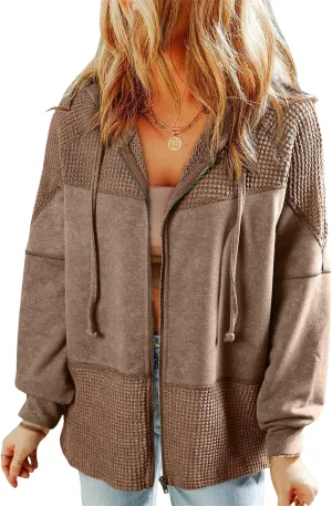 Jacket Women Waffle Knit Hoodies Zip Up Oversized Hoodie Shackets Drawstring Fall Casual Trendy Clothing Jackets