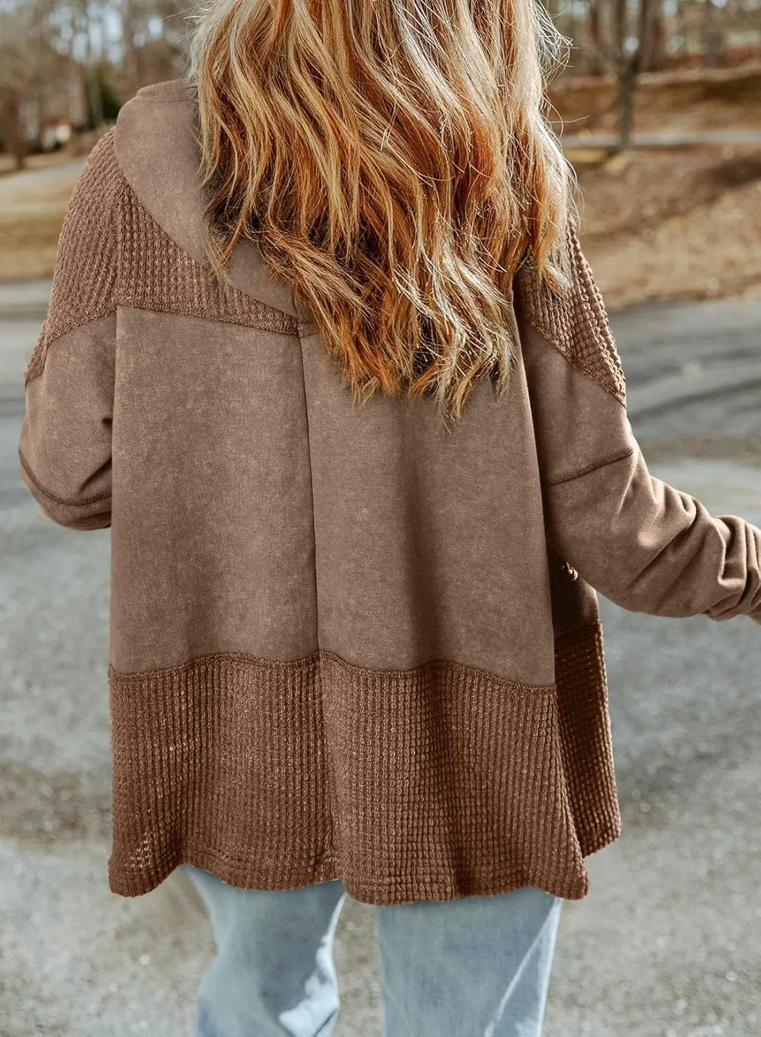 Jacket Women Waffle Knit Hoodies Zip Up Oversized Hoodie Shackets Drawstring Fall Casual Trendy Clothing Jackets