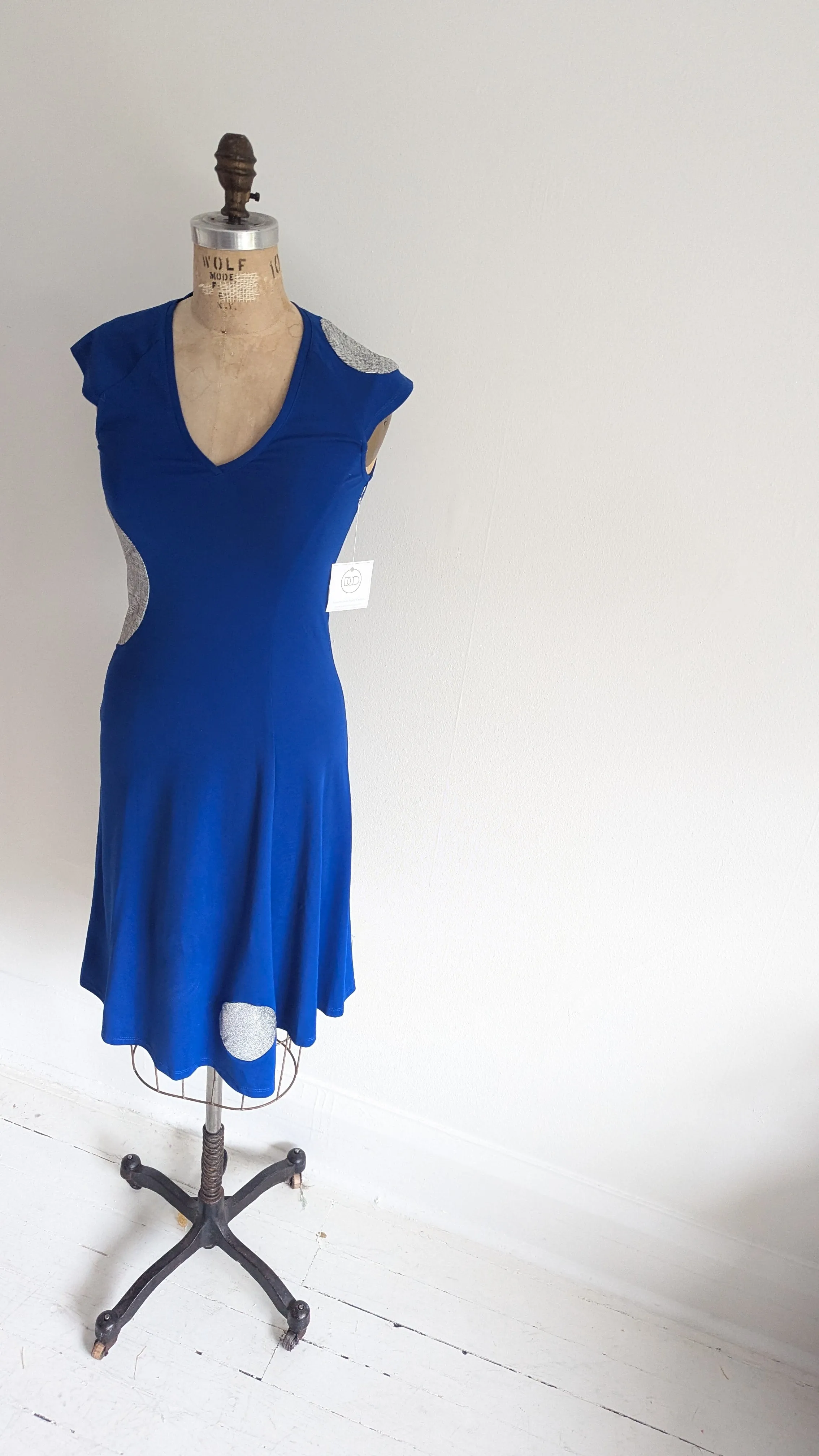 Jolie Jersey Dress Upcycled with Inset Silver Circles ~ Cobalt Size XS/S #JOL1