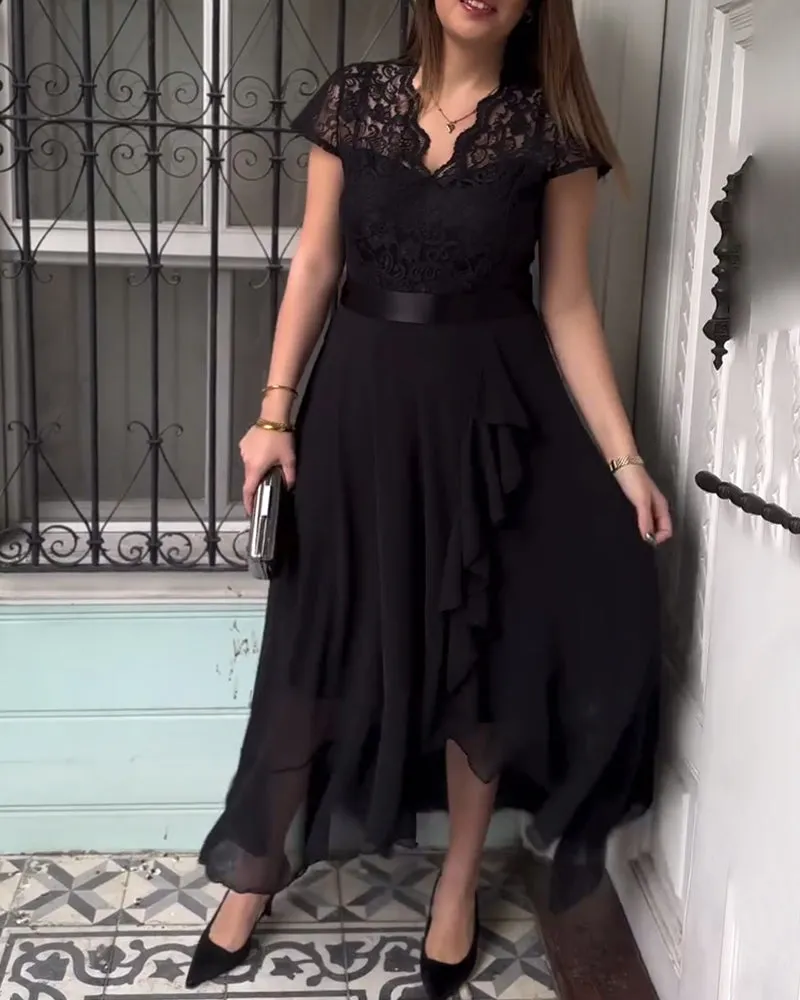 Lace solid color elegant swing dress