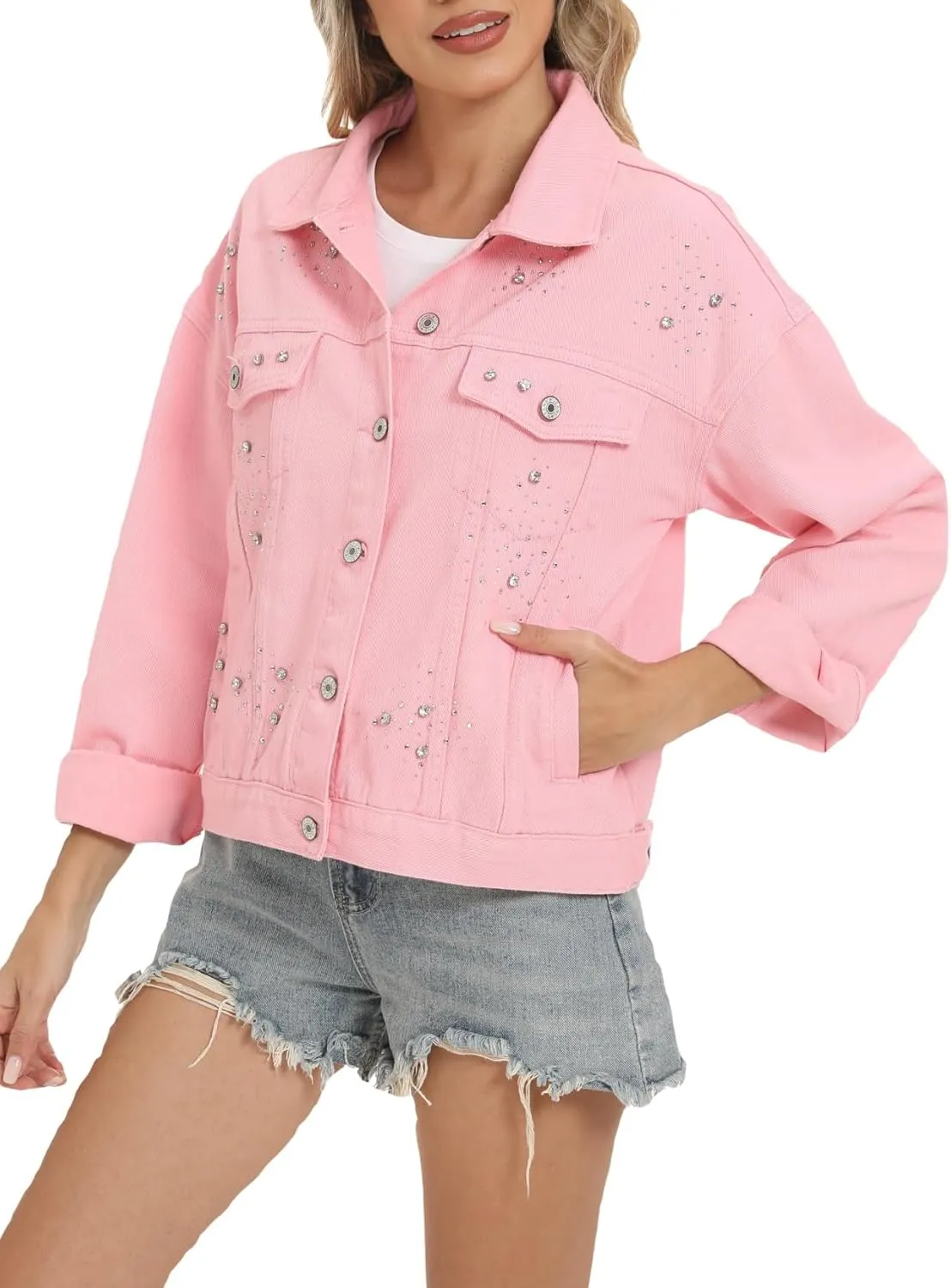 LifeShe Jean Jacket Women Rhinestone Denim Jacket Casual Sparkly Shacket Coats