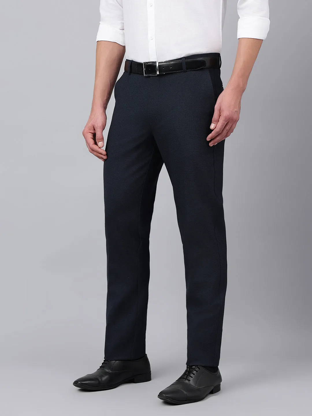 Men Navy Micro Check Standard Fit Solid Formal Trouser