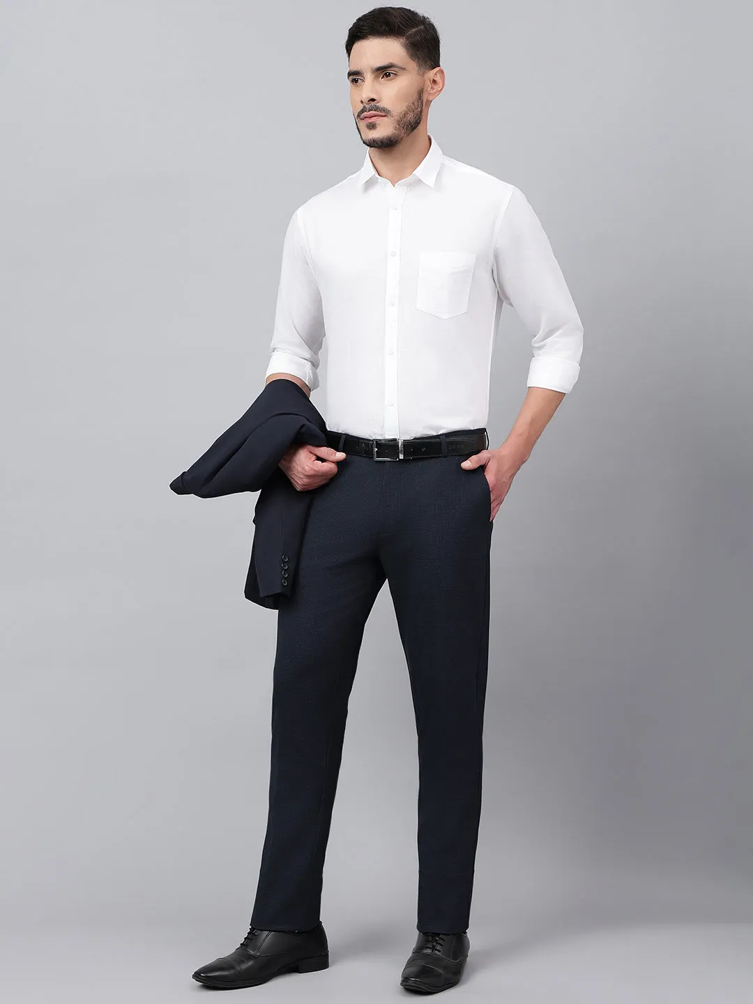 Men Navy Micro Check Standard Fit Solid Formal Trouser