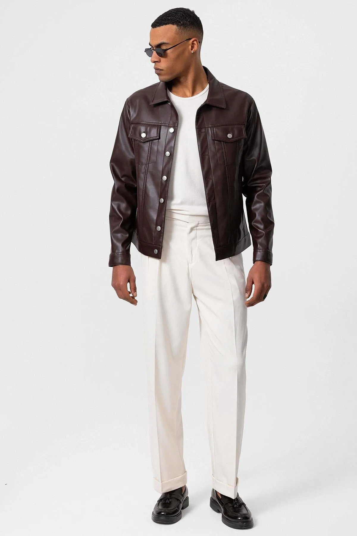 Men's Brown Slim Fit Buttoned Leather Jacket - Wessi