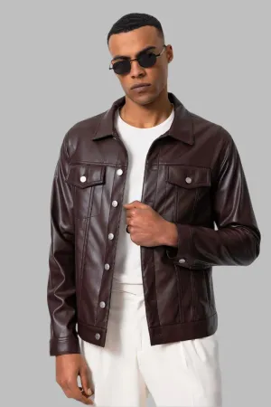 Men's Brown Slim Fit Buttoned Leather Jacket - Wessi