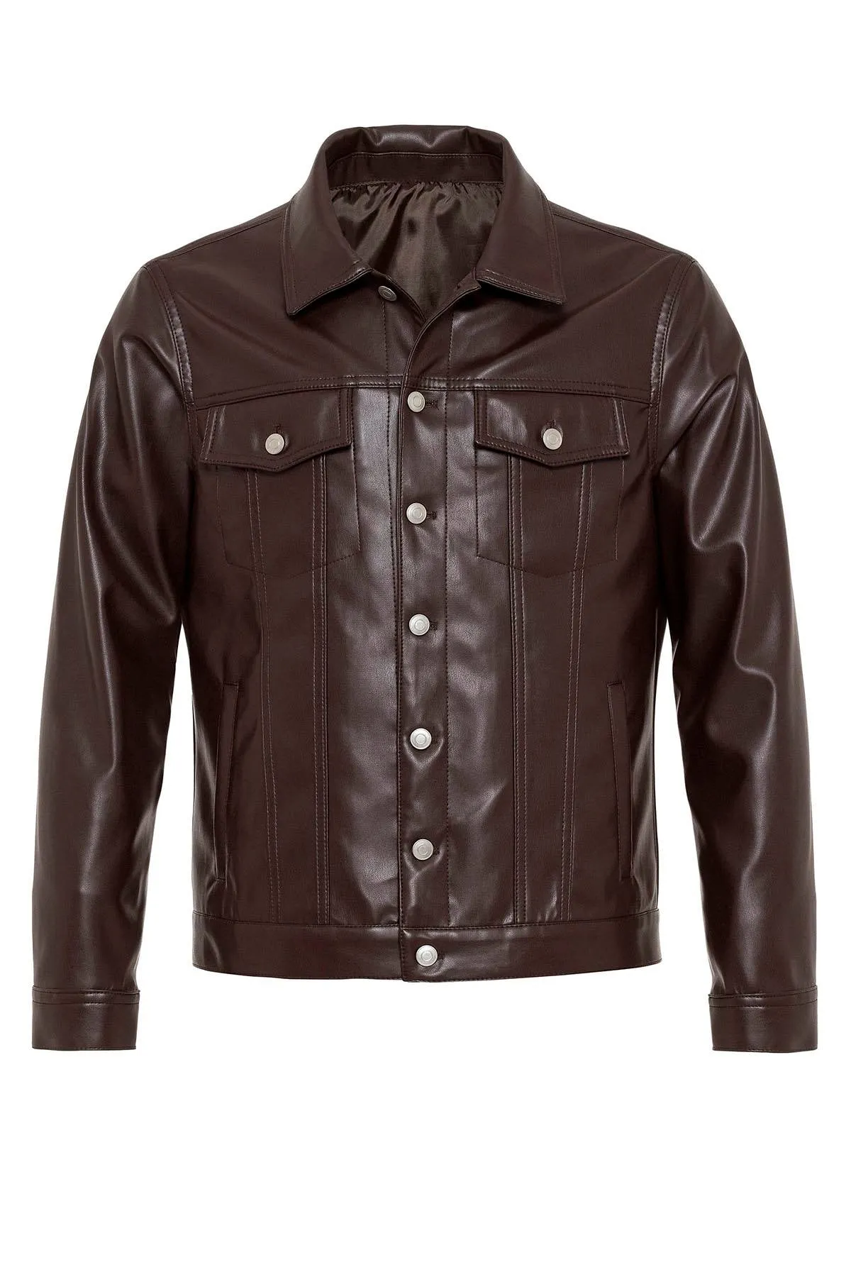 Men's Brown Slim Fit Buttoned Leather Jacket - Wessi