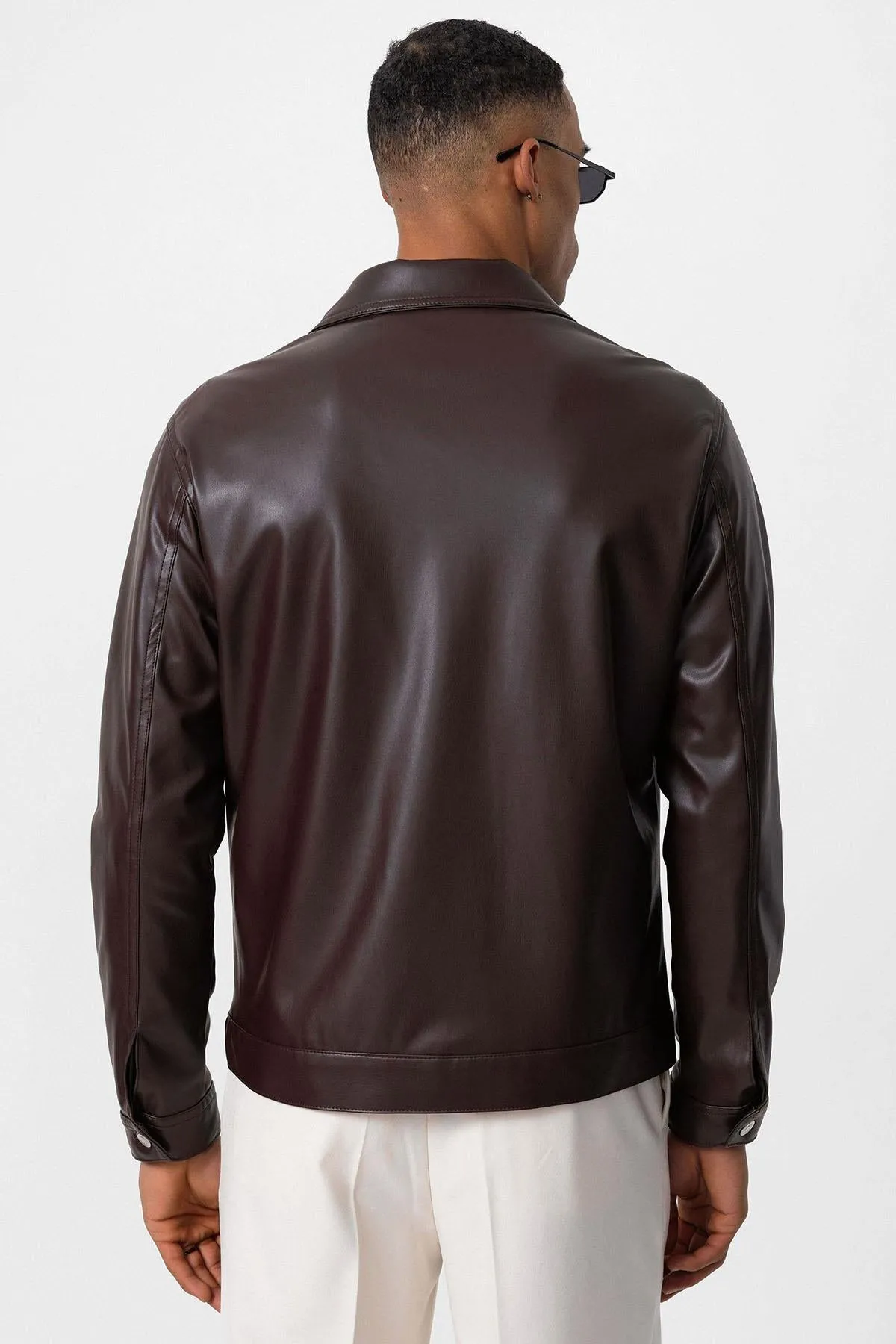 Men's Brown Slim Fit Buttoned Leather Jacket - Wessi