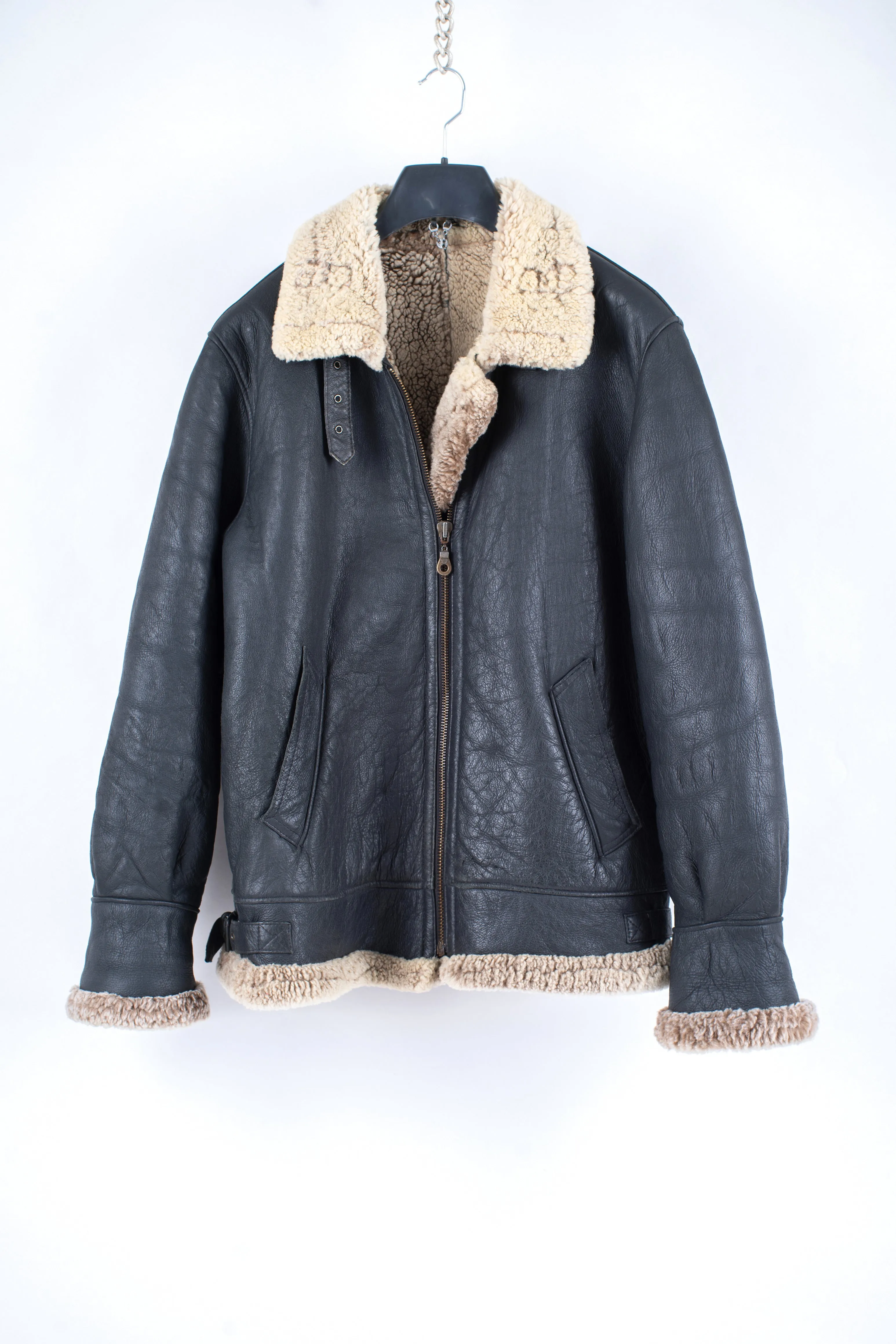 Men's Charcoal Black Type B-3 Style Aviator Bomber Shearling Jacket, L