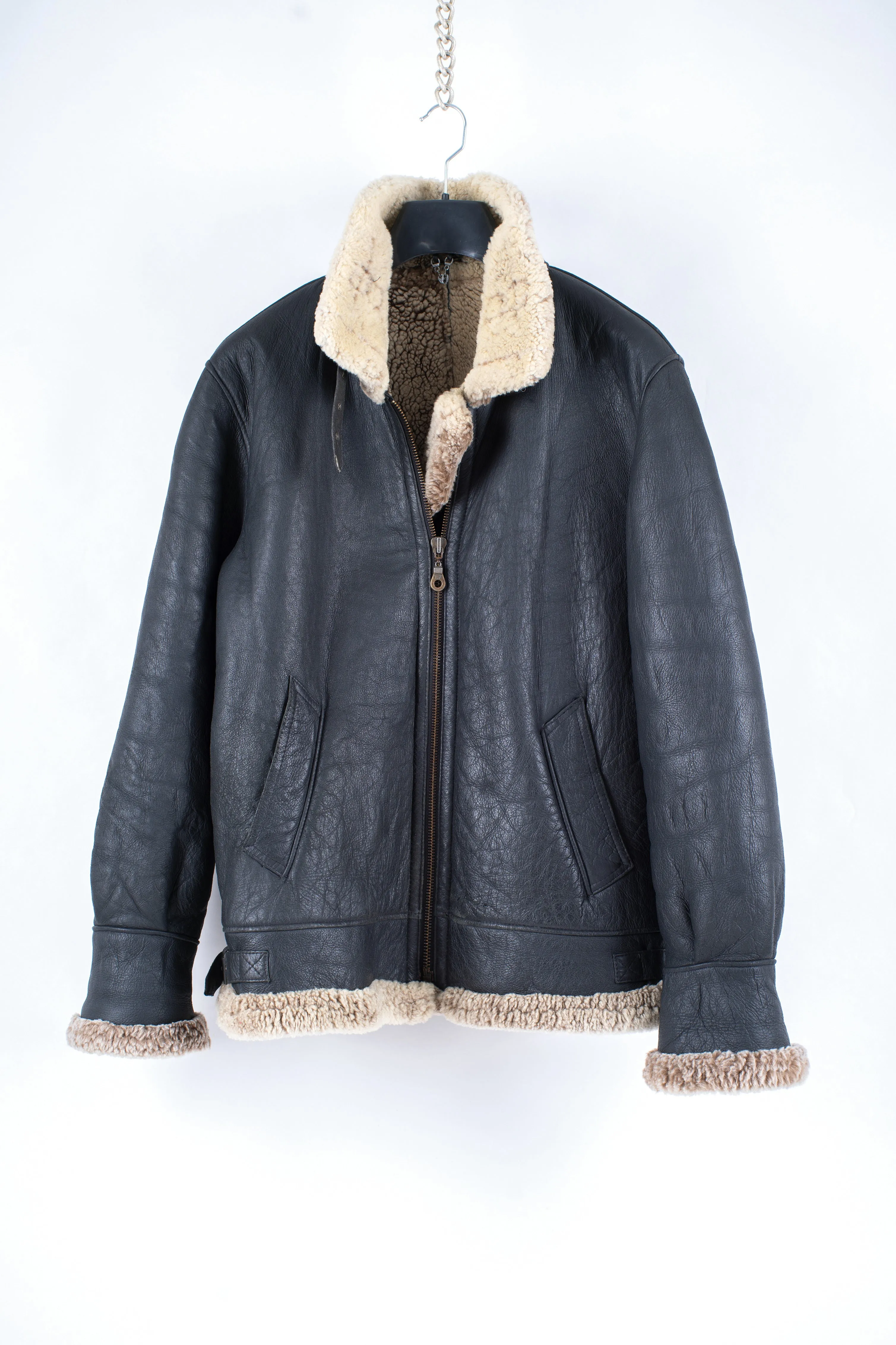 Men's Charcoal Black Type B-3 Style Aviator Bomber Shearling Jacket, L