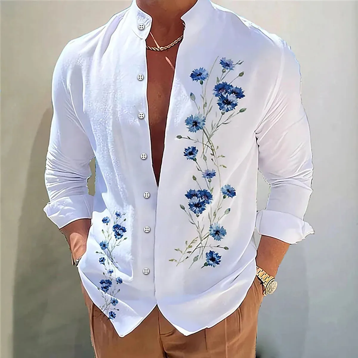 Men's shirt flower shirt 3D printing casual daily outdoor street stand collar long sleeve shirt fashionable and comfortable