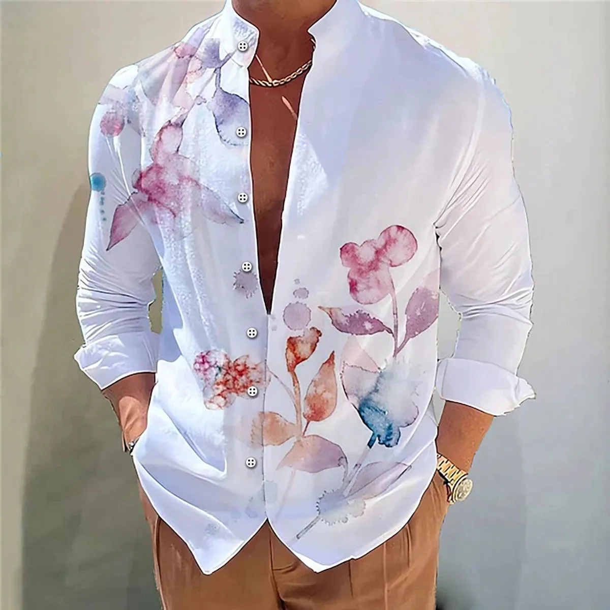 Men's shirt flower shirt 3D printing casual daily outdoor street stand collar long sleeve shirt fashionable and comfortable