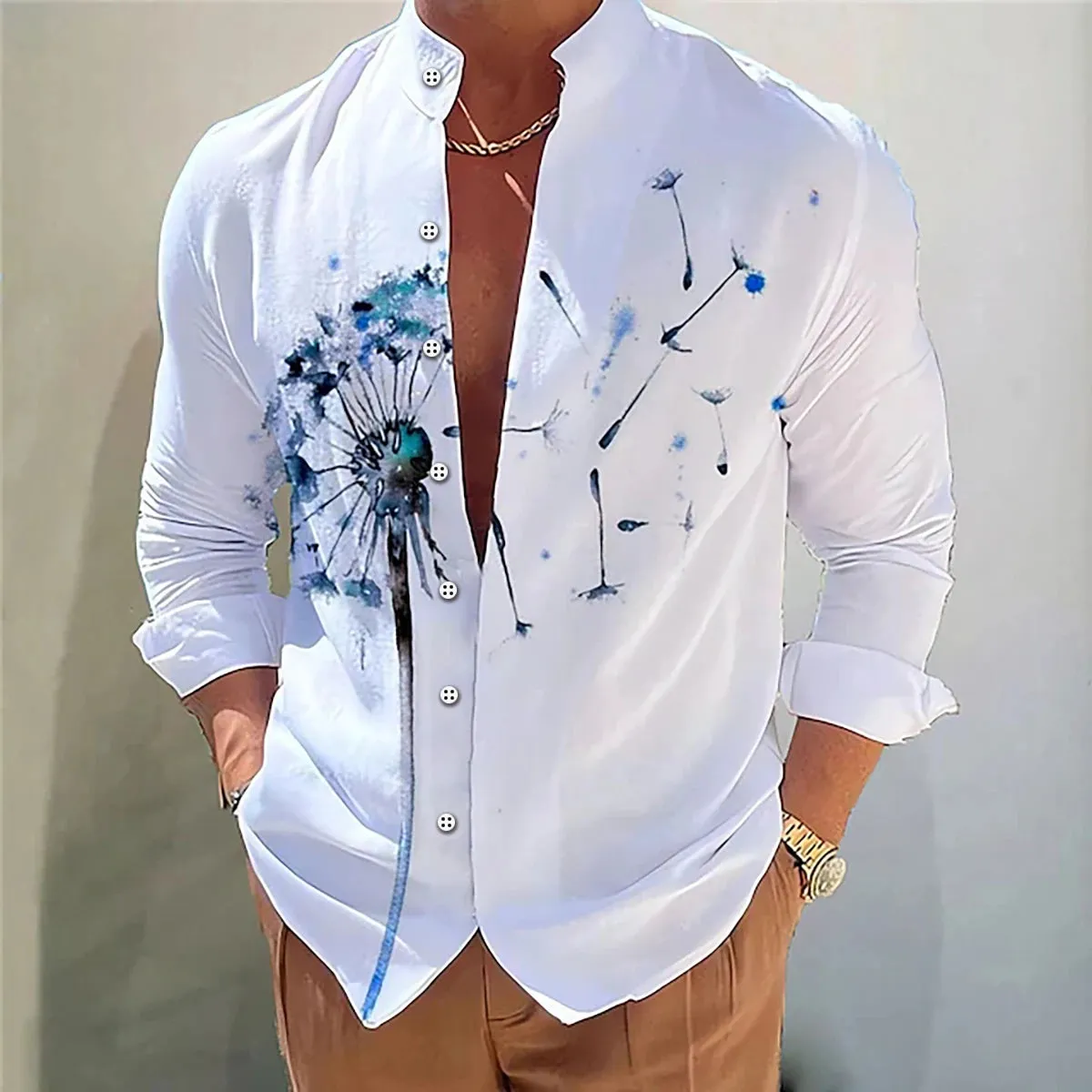 Men's shirt flower shirt 3D printing casual daily outdoor street stand collar long sleeve shirt fashionable and comfortable