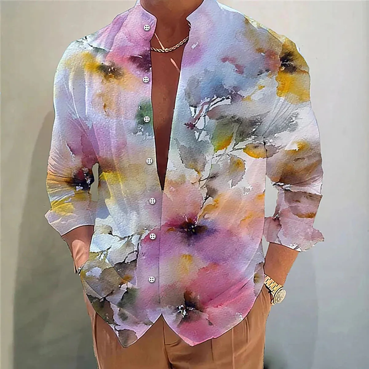 Men's shirt flower shirt 3D printing casual daily outdoor street stand collar long sleeve shirt fashionable and comfortable