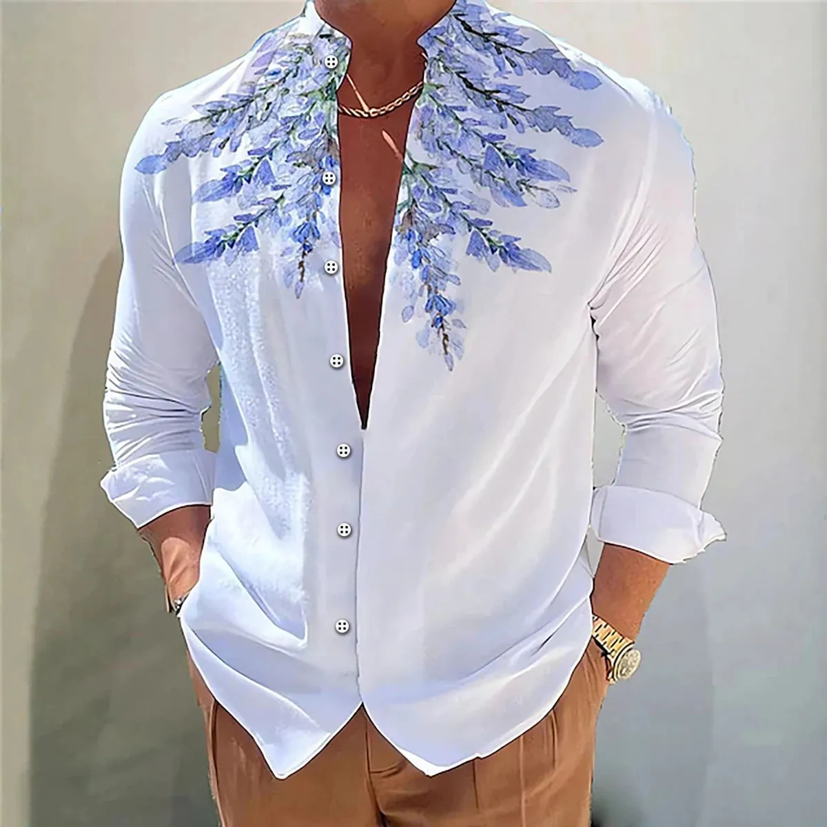Men's shirt flower shirt 3D printing casual daily outdoor street stand collar long sleeve shirt fashionable and comfortable