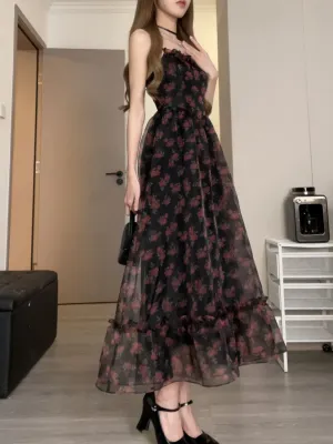 Night Rose Floral Elegant Party Dress Sleeveless Elegant Cocktail Dress Mini & Maxi