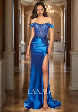 Off-Shoulder Sleeveless Scoop-Neck Formal Gowns Beaded Pleated High Slit Mermaid Prom Dress