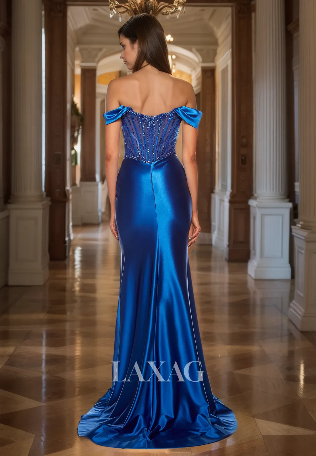 Off-Shoulder Sleeveless Scoop-Neck Formal Gowns Beaded Pleated High Slit Mermaid Prom Dress