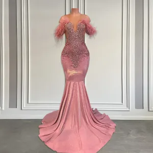 Pink Off-the-shoulder Long Mermaid Prom Dresses 2024 Luxury Sparkly Crystal Rhinestones Black Girls Prom Gala Gowns