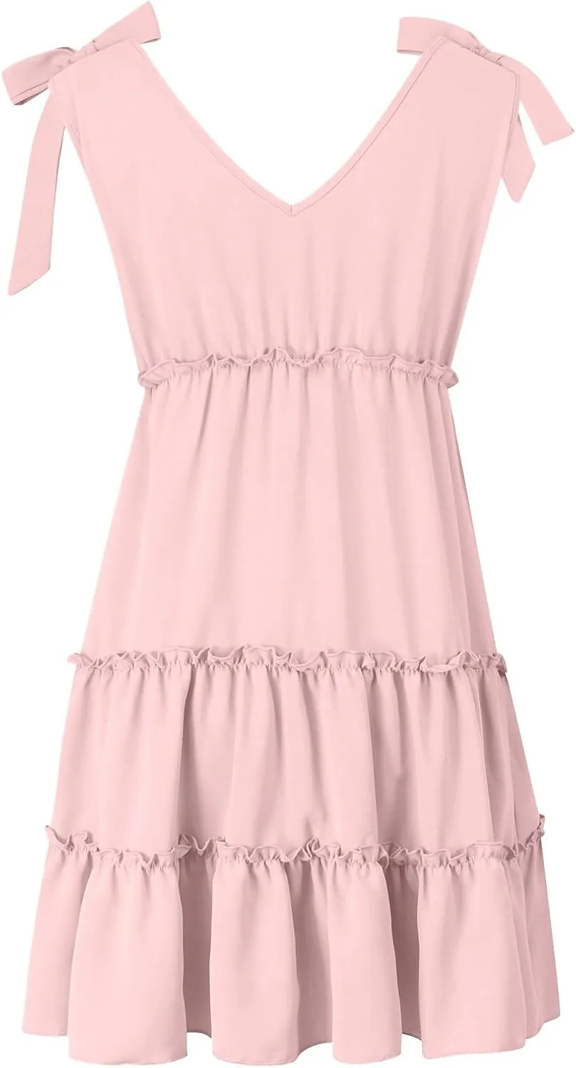 PTOLOCIF Women's Summer Casual V Neck Sleeveless Mini Dress Tie Shoulder Width Layered Ruffles Dress for Beach