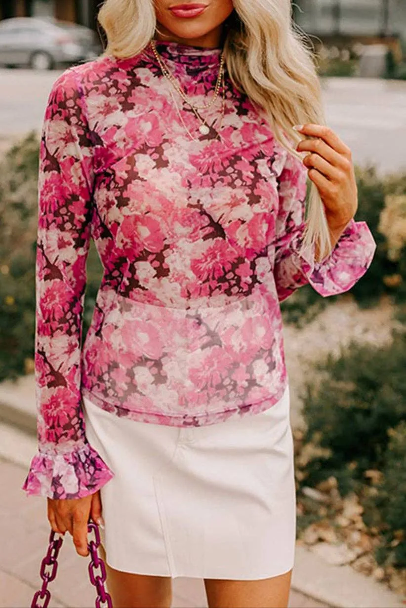 Ruffle Sleeve Floral Mesh Top