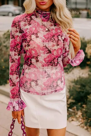 Ruffle Sleeve Floral Mesh Top