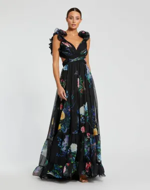 Ruffle Tiered Floral Cut-Out Chiffon Gown - Black