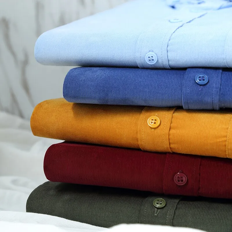 S~7xl Corduroy Cotton Shirt Mens Casual Long Sleeve Regular Fit Solid
