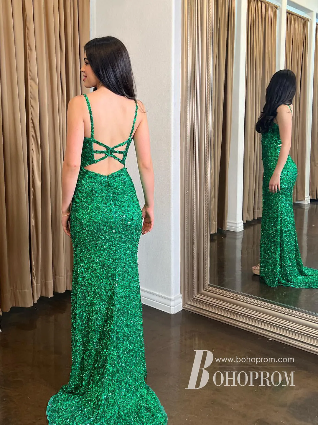 Shiny Sequin Lace Spaghetti Straps Neckline Sweep Train Sheath Prom Dress PD643