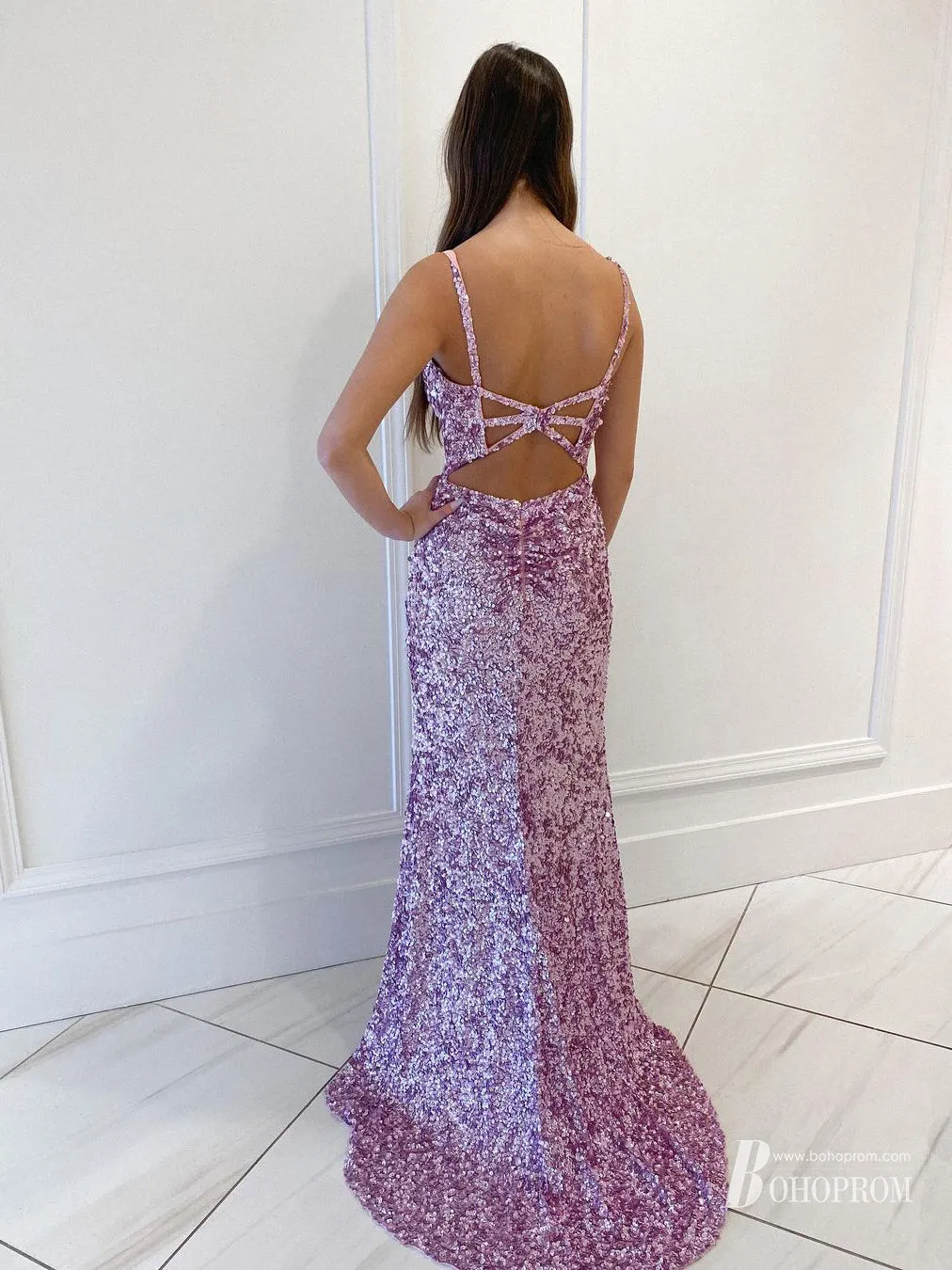 Shiny Sequin Lace Spaghetti Straps Neckline Sweep Train Sheath Prom Dress PD643