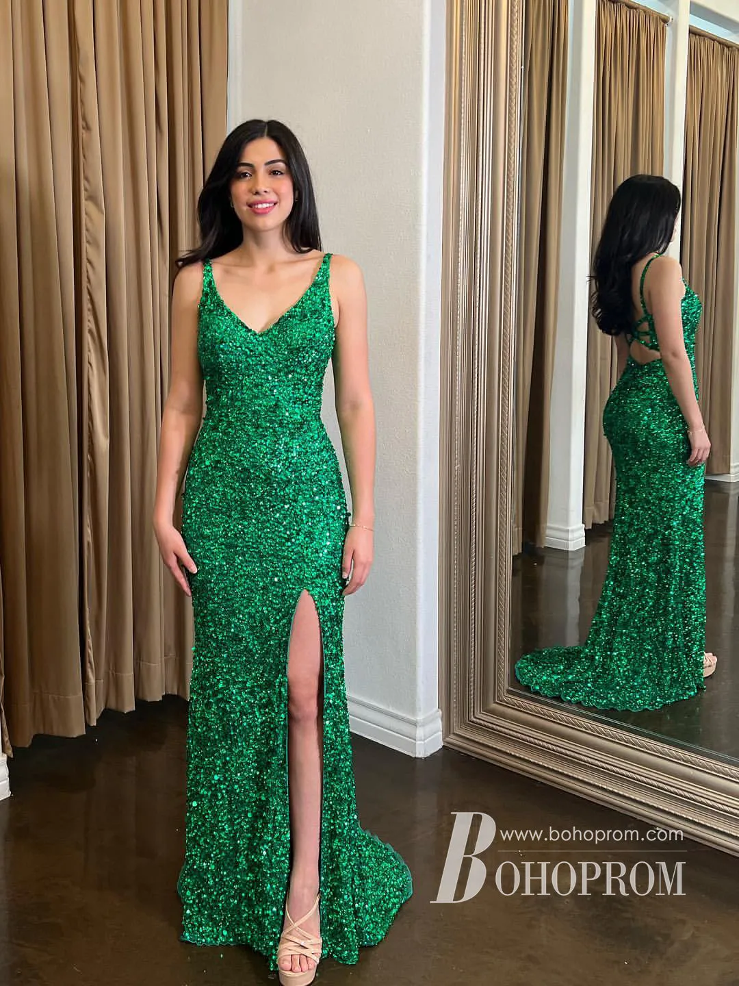 Shiny Sequin Lace Spaghetti Straps Neckline Sweep Train Sheath Prom Dress PD643