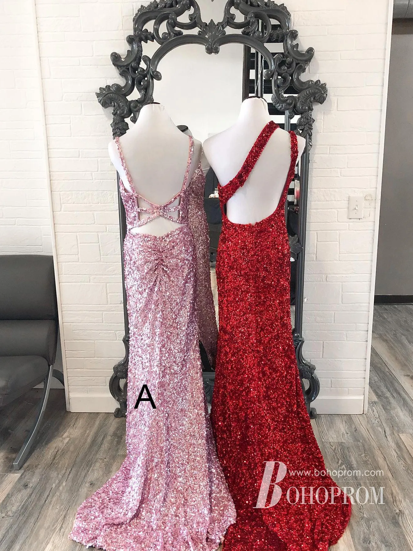 Shiny Sequin Lace Spaghetti Straps Neckline Sweep Train Sheath Prom Dress PD643