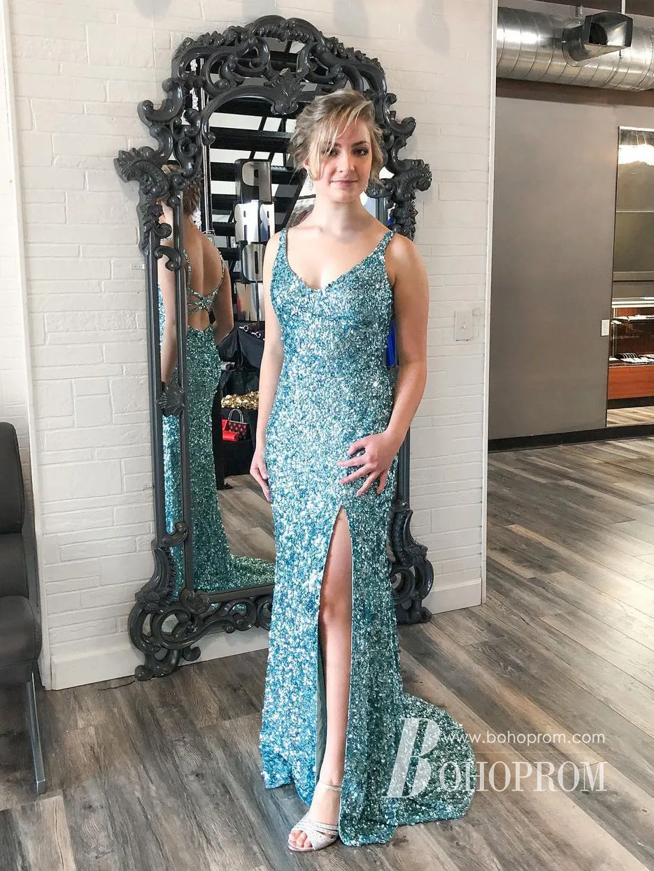 Shiny Sequin Lace Spaghetti Straps Neckline Sweep Train Sheath Prom Dress PD643