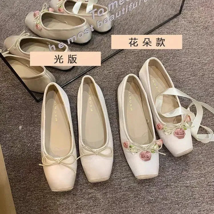 Sohiwoo Women's Flats Shoes Woman Lace-up Square Toe Loafers Elegant Flower Flat Shoes Ballet Flats Zapatos De Mujer