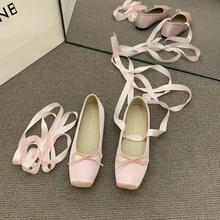 Sohiwoo Women's Flats Shoes Woman Lace-up Square Toe Loafers Elegant Flower Flat Shoes Ballet Flats Zapatos De Mujer
