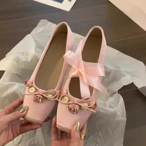 Sohiwoo Women's Flats Shoes Woman Lace-up Square Toe Loafers Elegant Flower Flat Shoes Ballet Flats Zapatos De Mujer