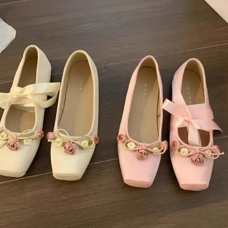 Sohiwoo Women's Flats Shoes Woman Lace-up Square Toe Loafers Elegant Flower Flat Shoes Ballet Flats Zapatos De Mujer
