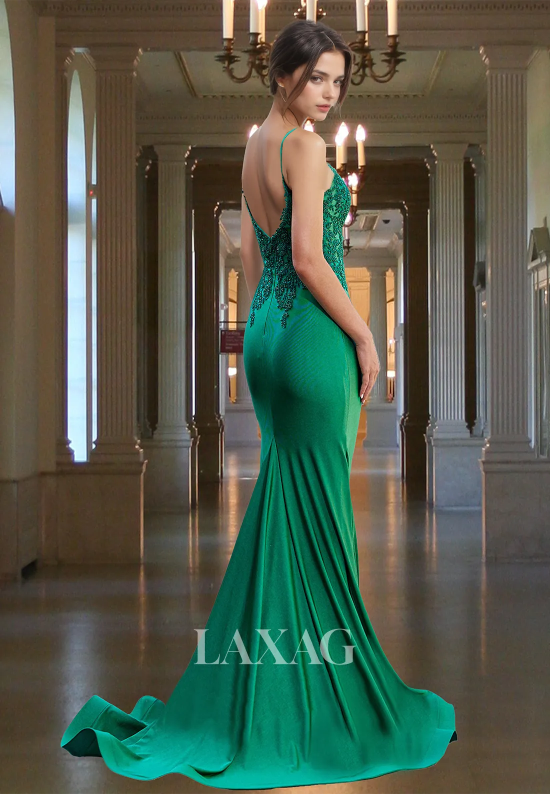 Spaghetti Straps V-Neck Sleeveless Formal Gowns Beaded Applique Mermaid Prom Dress with Sweep Train