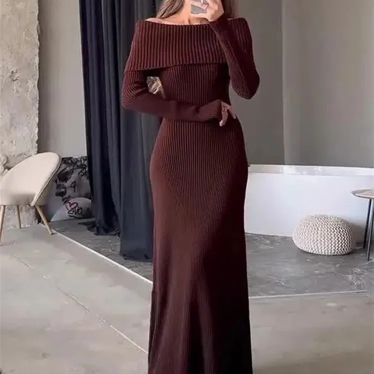 Tossy Fashion Knit Long Dress Off-Shoulder Elegant Maxi Dress