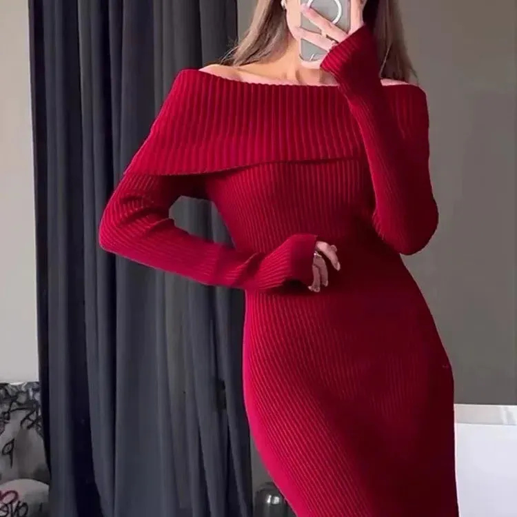 Tossy Fashion Knit Long Dress Off-Shoulder Elegant Maxi Dress