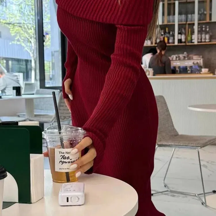 Tossy Fashion Knit Long Dress Off-Shoulder Elegant Maxi Dress
