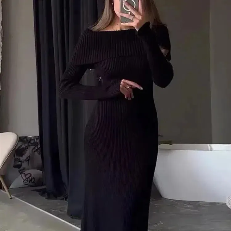 Tossy Fashion Knit Long Dress Off-Shoulder Elegant Maxi Dress