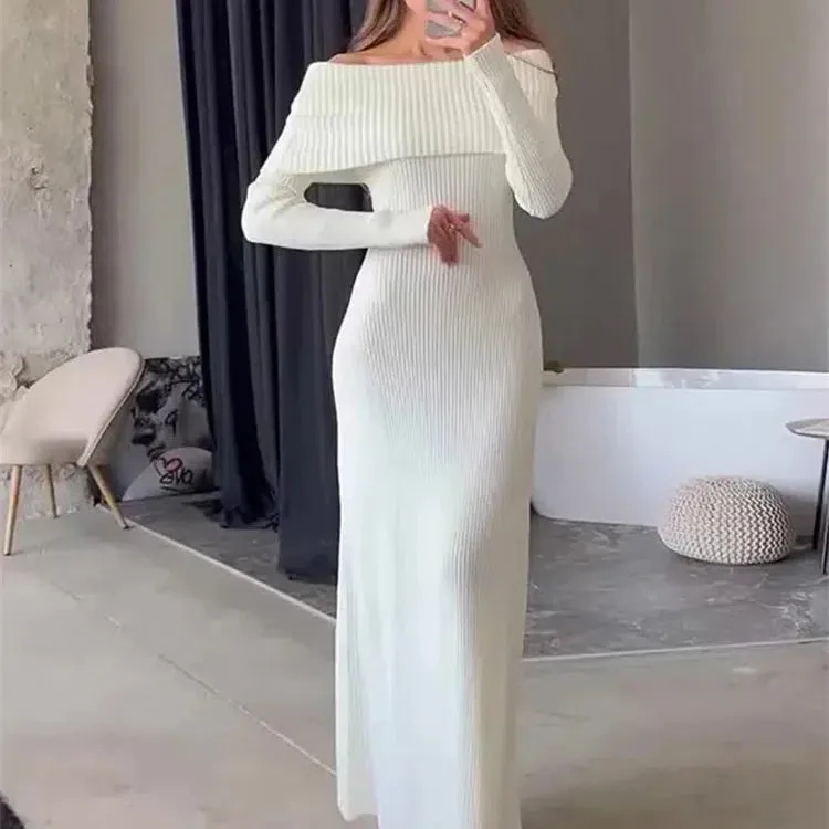 Tossy Fashion Knit Long Dress Off-Shoulder Elegant Maxi Dress