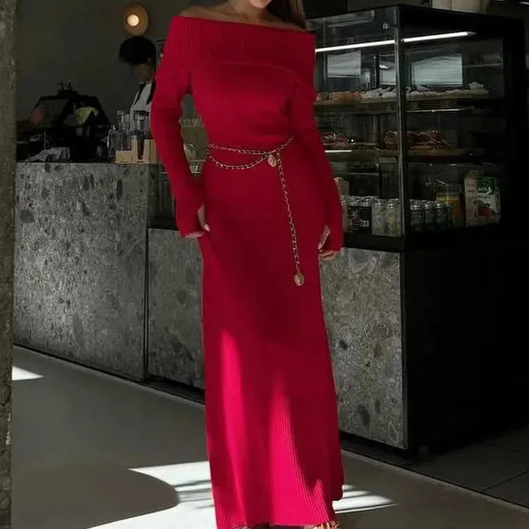 Tossy Fashion Knit Long Dress Off-Shoulder Elegant Maxi Dress
