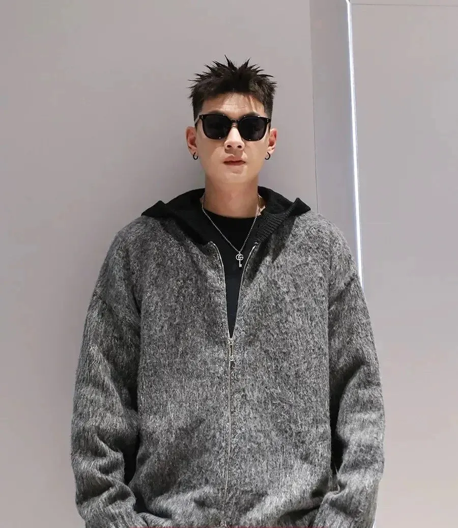 Trendy American Style Men's Hooded Angora Cardigan Casual Loose Fit Zip-Up Knit Sweater Autumn Winter Jacket