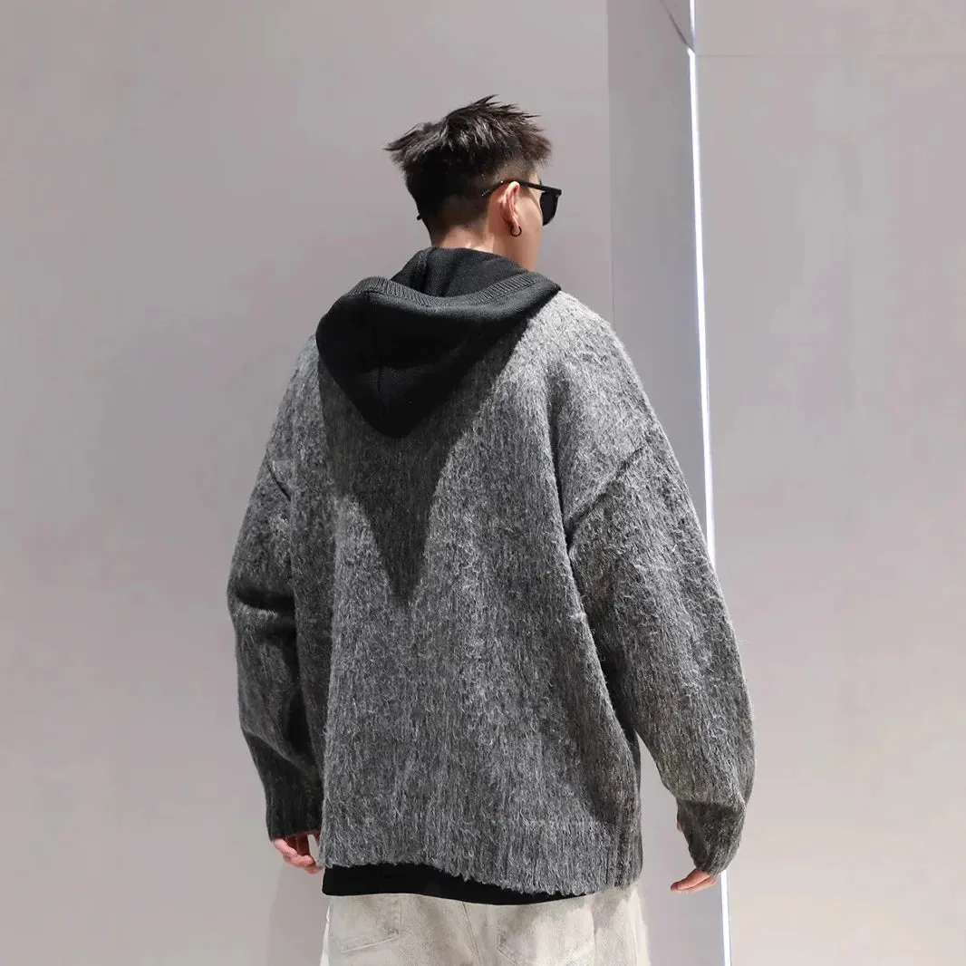 Trendy American Style Men's Hooded Angora Cardigan Casual Loose Fit Zip-Up Knit Sweater Autumn Winter Jacket